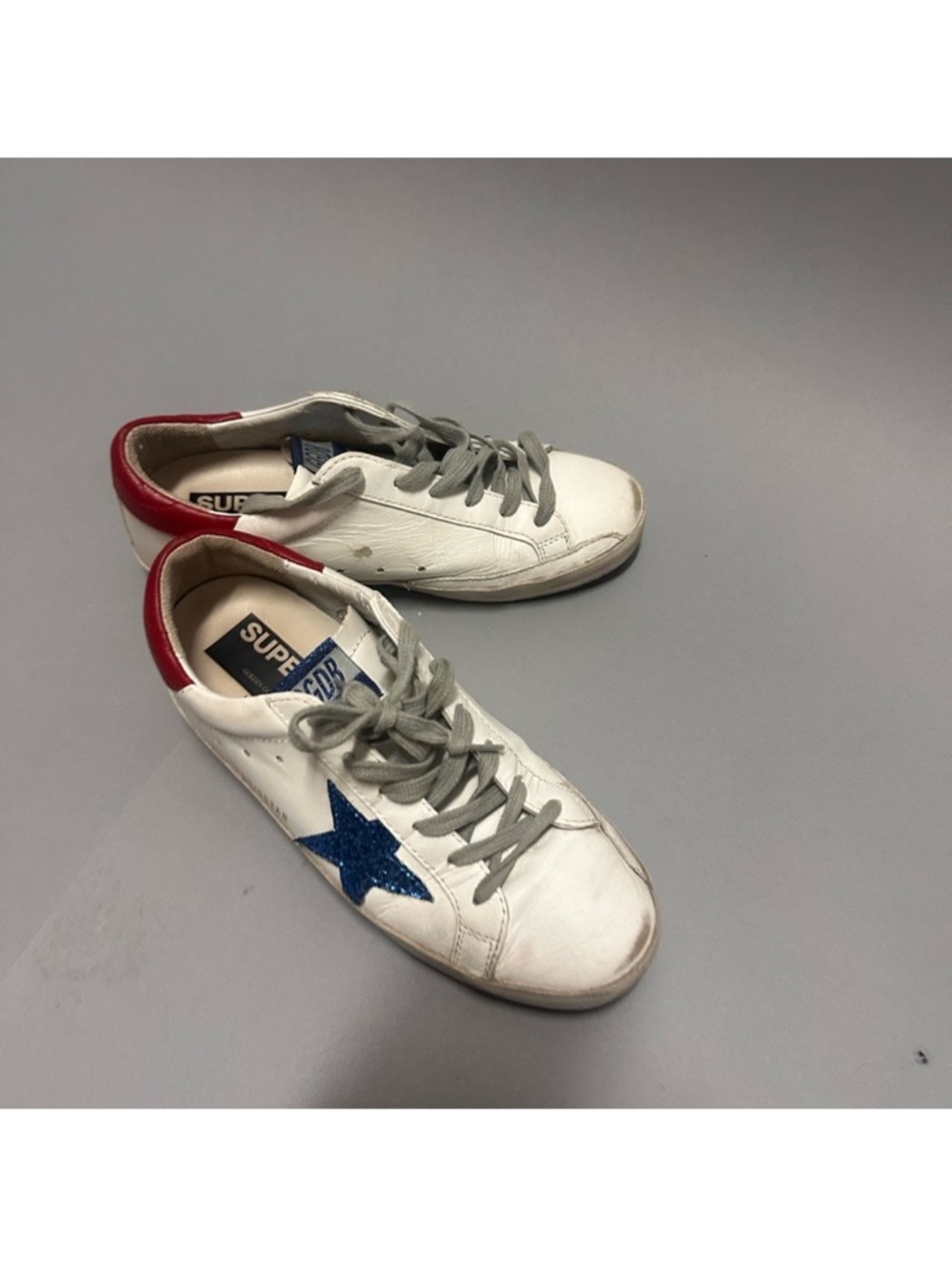 Golden Goose Style White Leather Sneakers with Blue Glitter Star & Red Heel - Picture 2 of 11